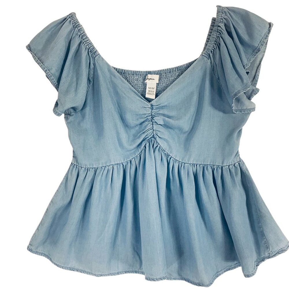 Japna Blue Chambray Flutter Sleeve Ruched Front Top Wm Md smocked back size med